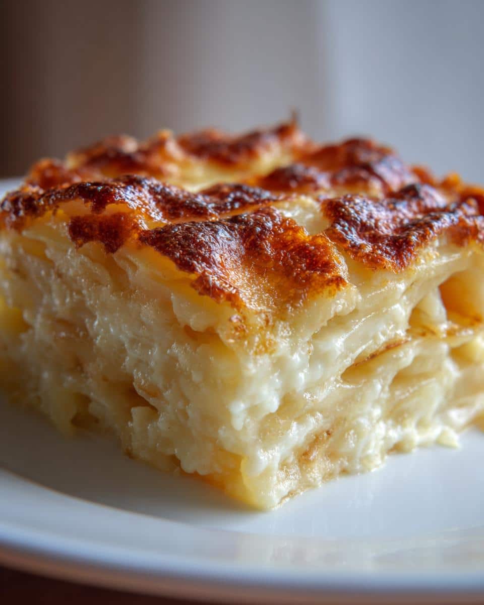 Close-up of a slice of creamy scalloped potatoes with a golden-brown top on a white plate.