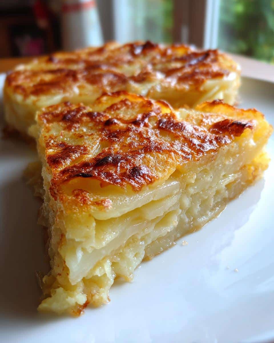 A slice of golden brown scalloped potatoes on a white plate, showing the creamy layers.