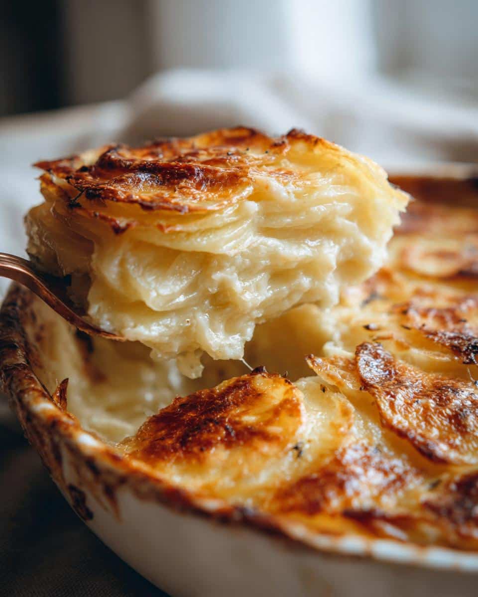 Close-up of creamy scalloped potatoes being lifted from a baking dish with a spoon, showing golden-brown top.