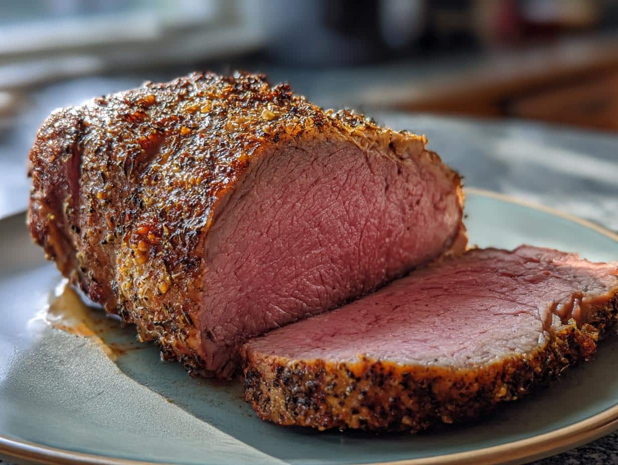 Perfectly cooked sirloin tip roast oven recipe, sliced and ready to serve. Juicy and flavorful.