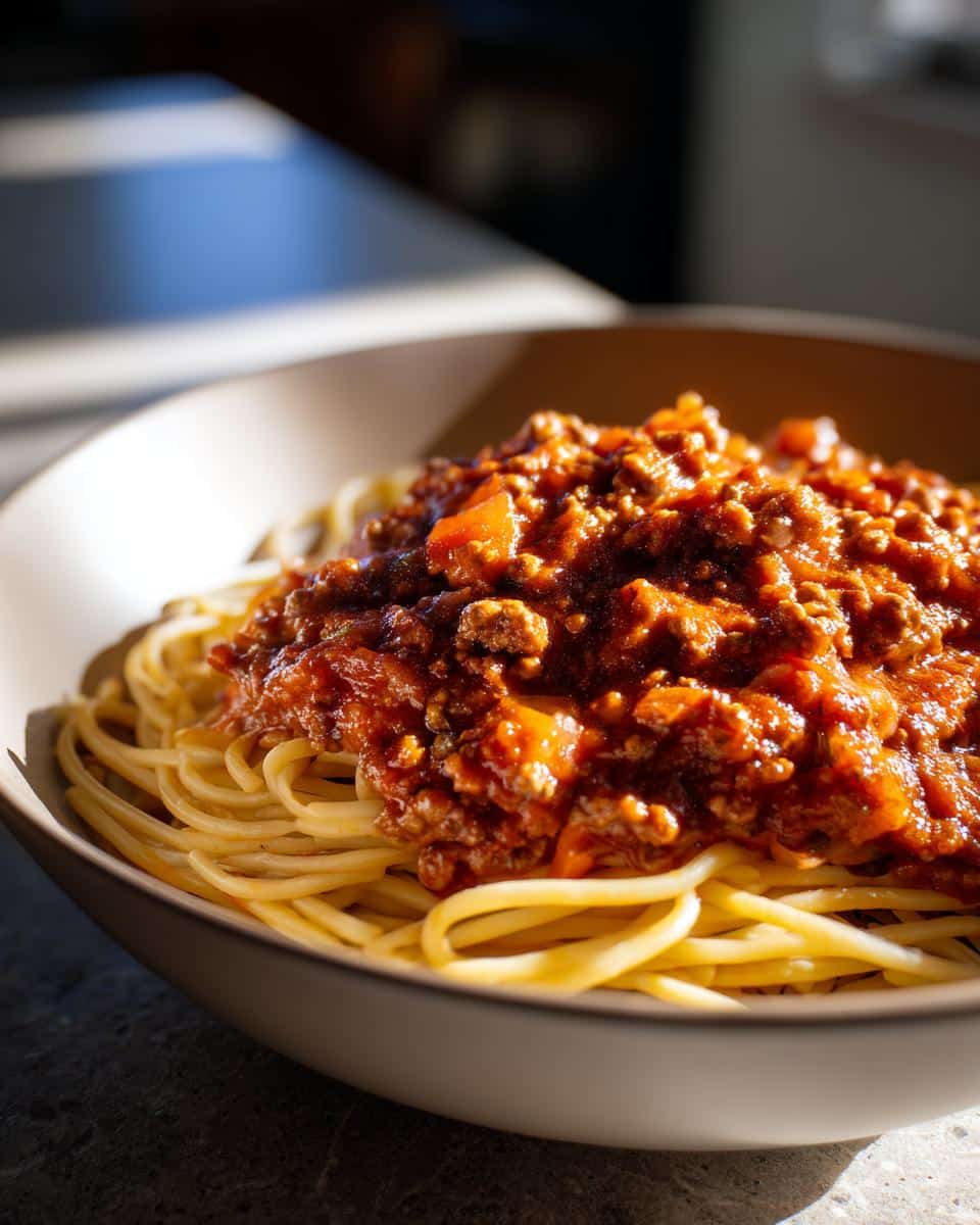 Bowl of spaghetti topped with a rich, flavorful ground sausage recipe sauce.
