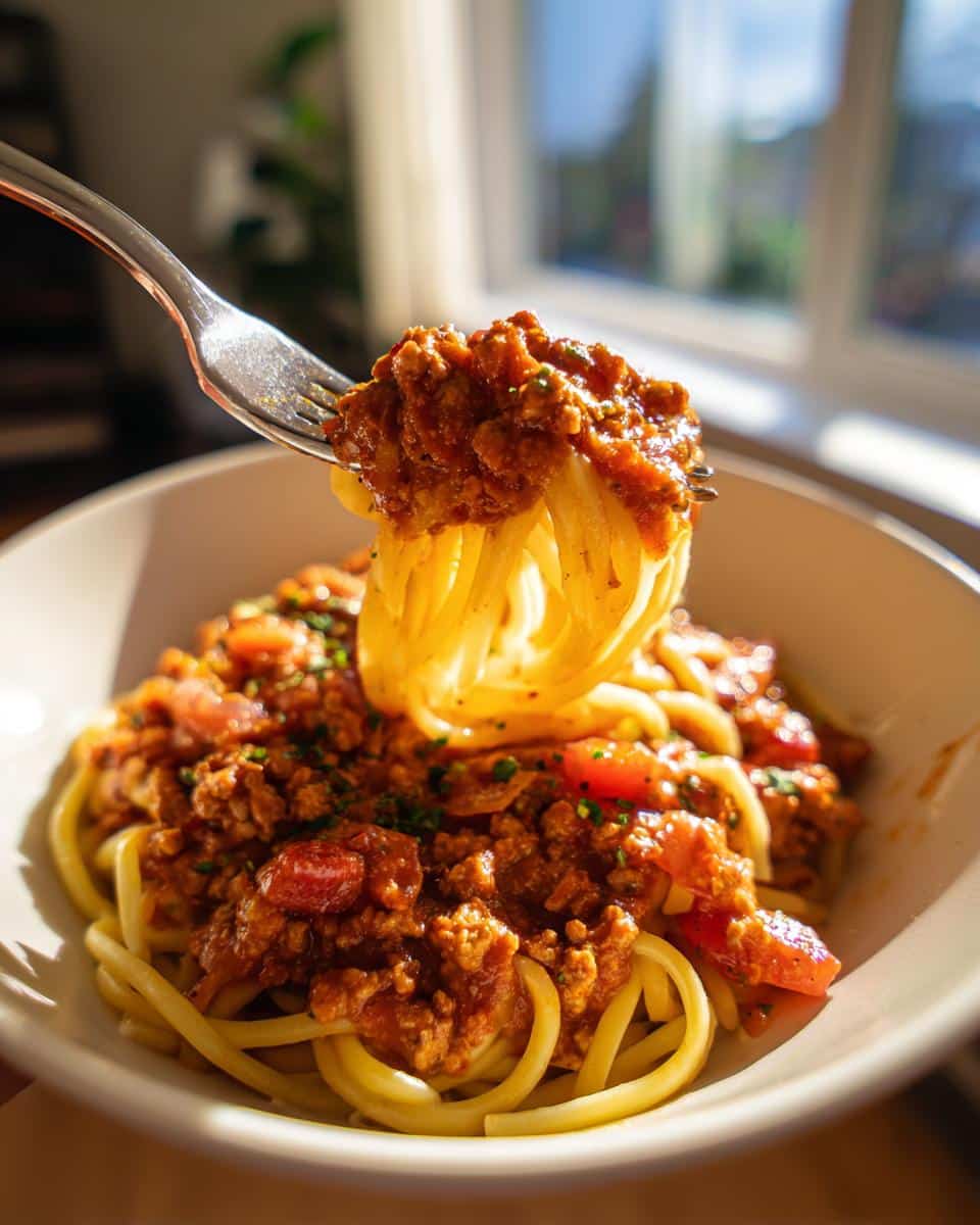 Close-up of spaghetti with a rich ground sausage recipes sauce on a fork, ready to eat.