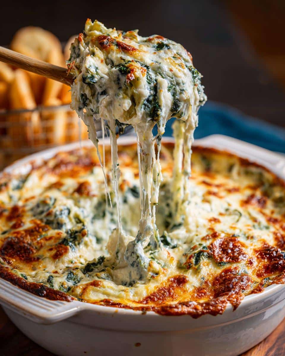 Hot spinach artichoke dip being scooped with a wooden spoon, cheese pulling, served with toasted bread.