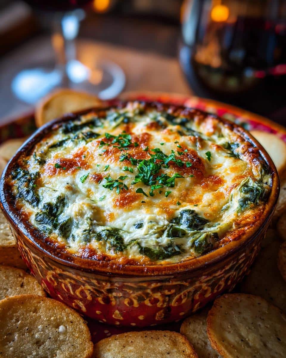 Delicious baked spinach artichoke dip in a decorative bowl, surrounded by toasted crostini slices.