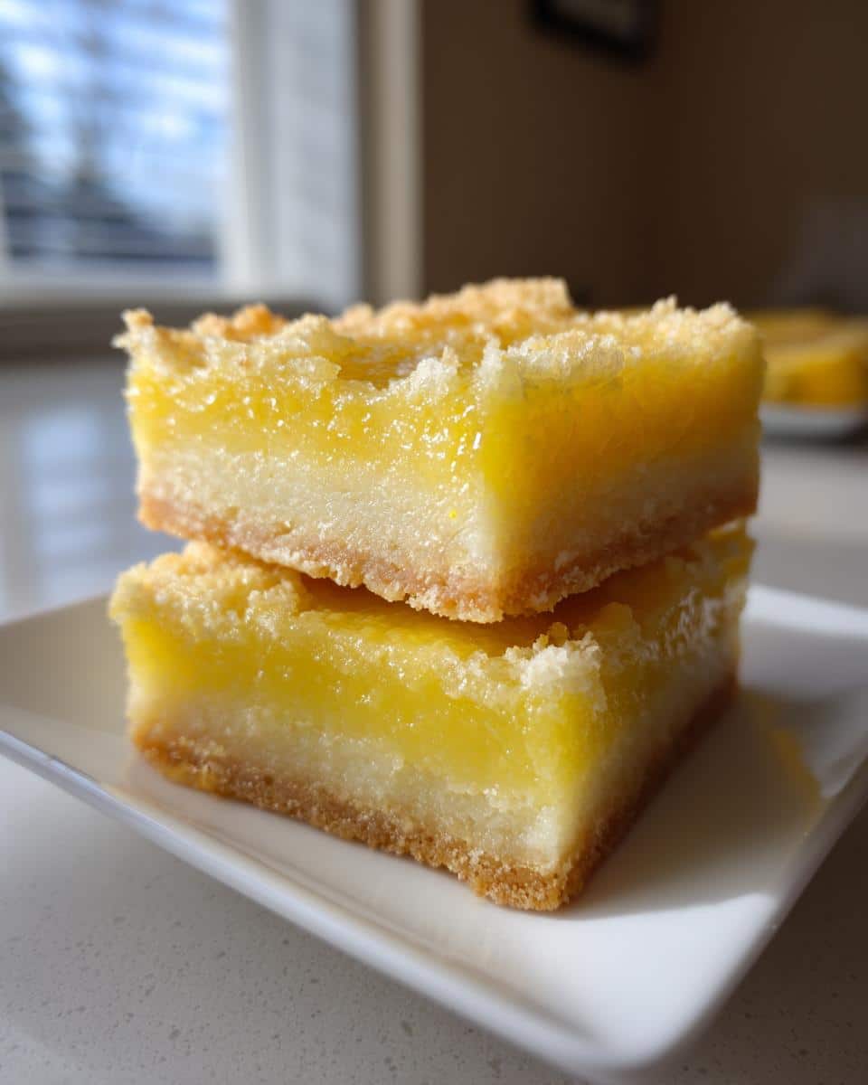 Two lemon squares stacked on a white plate, showcasing the crust, filling, and topping of the dessert.