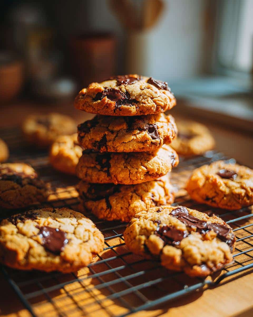 A stack of freshly baked chocolate chip cookies on a wire rack, cooling in natural light.