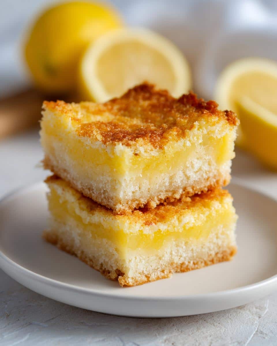 Two lemon squares stacked on a plate, showcasing the crust and creamy lemon filling.