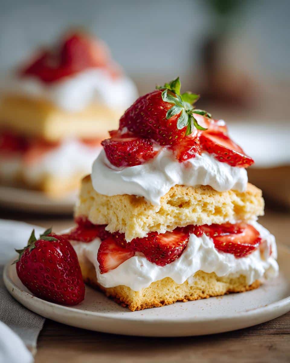 Delicious strawberry shortcake aesthetic featuring layers of biscuit, whipped cream, and fresh strawberries.