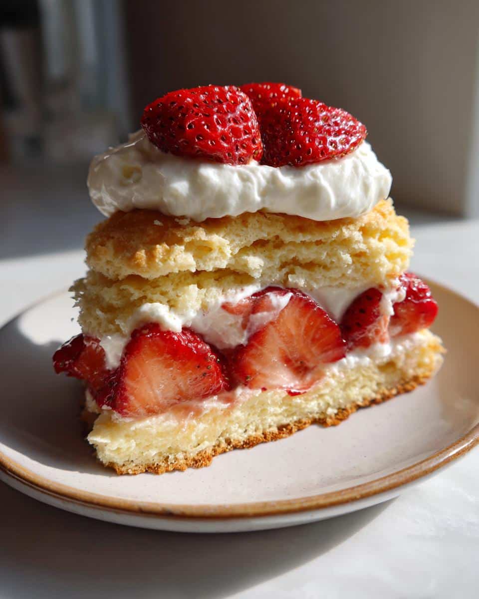 A delightful strawberry shortcake aesthetic dessert with layers of biscuit, whipped cream, and fresh strawberries.