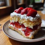 A delicious slice of strawberry shortcake aesthetic, layered with strawberries and whipped cream.