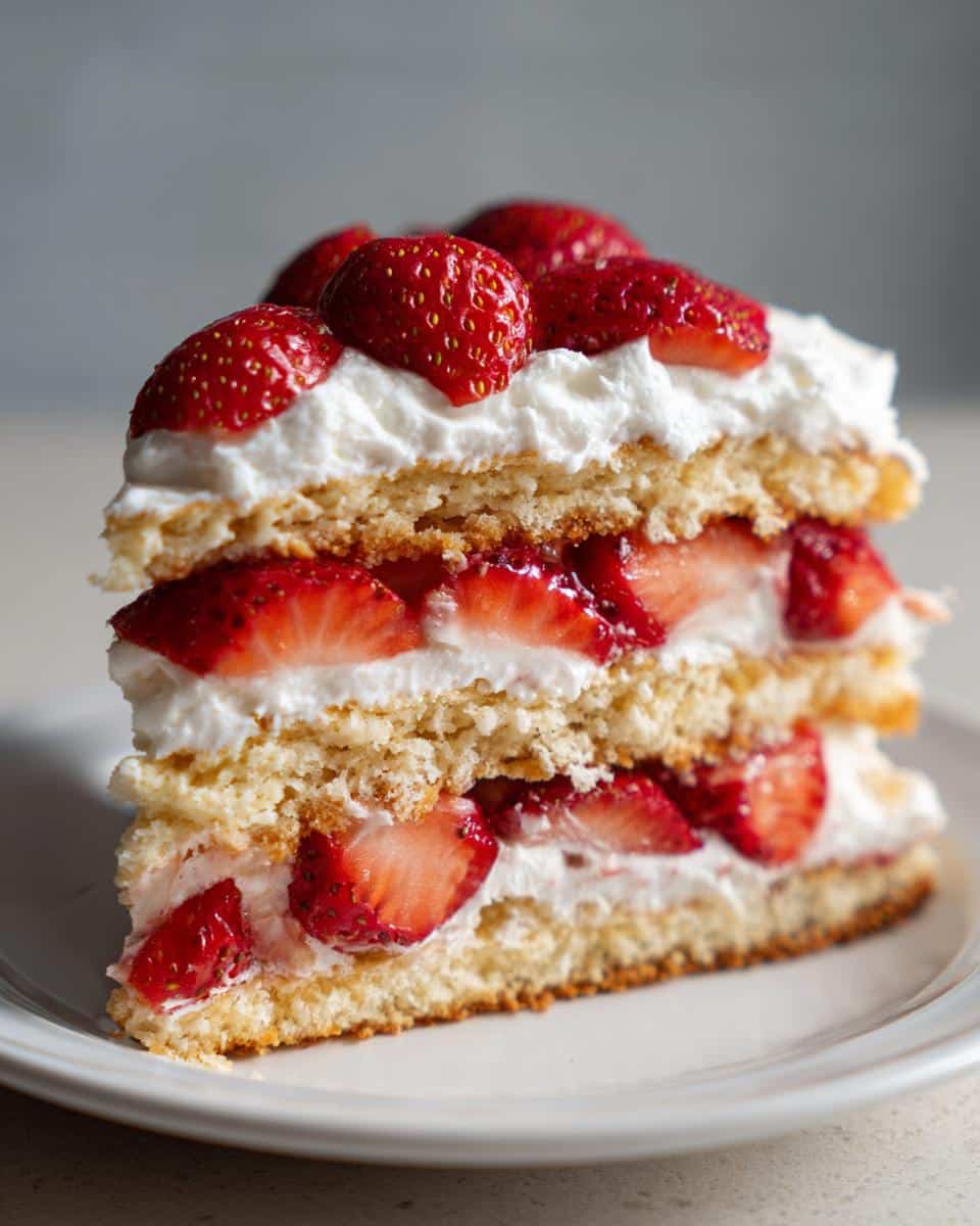 A delicious slice of strawberry shortcake aesthetic, featuring layers of cake, whipped cream, and fresh strawberries.