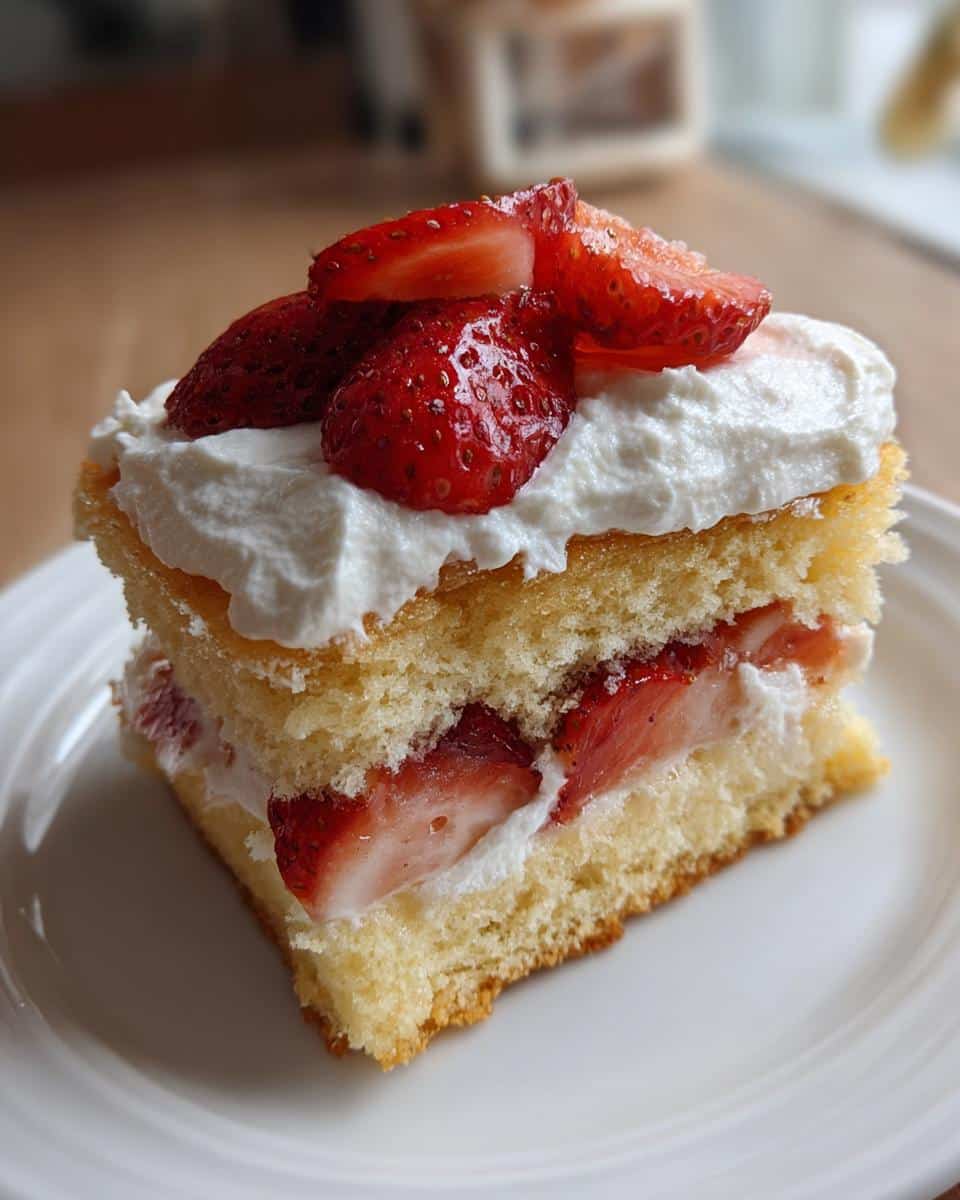 A delightful slice of strawberry shortcake aesthetic with fresh strawberries and whipped cream on a white plate.
