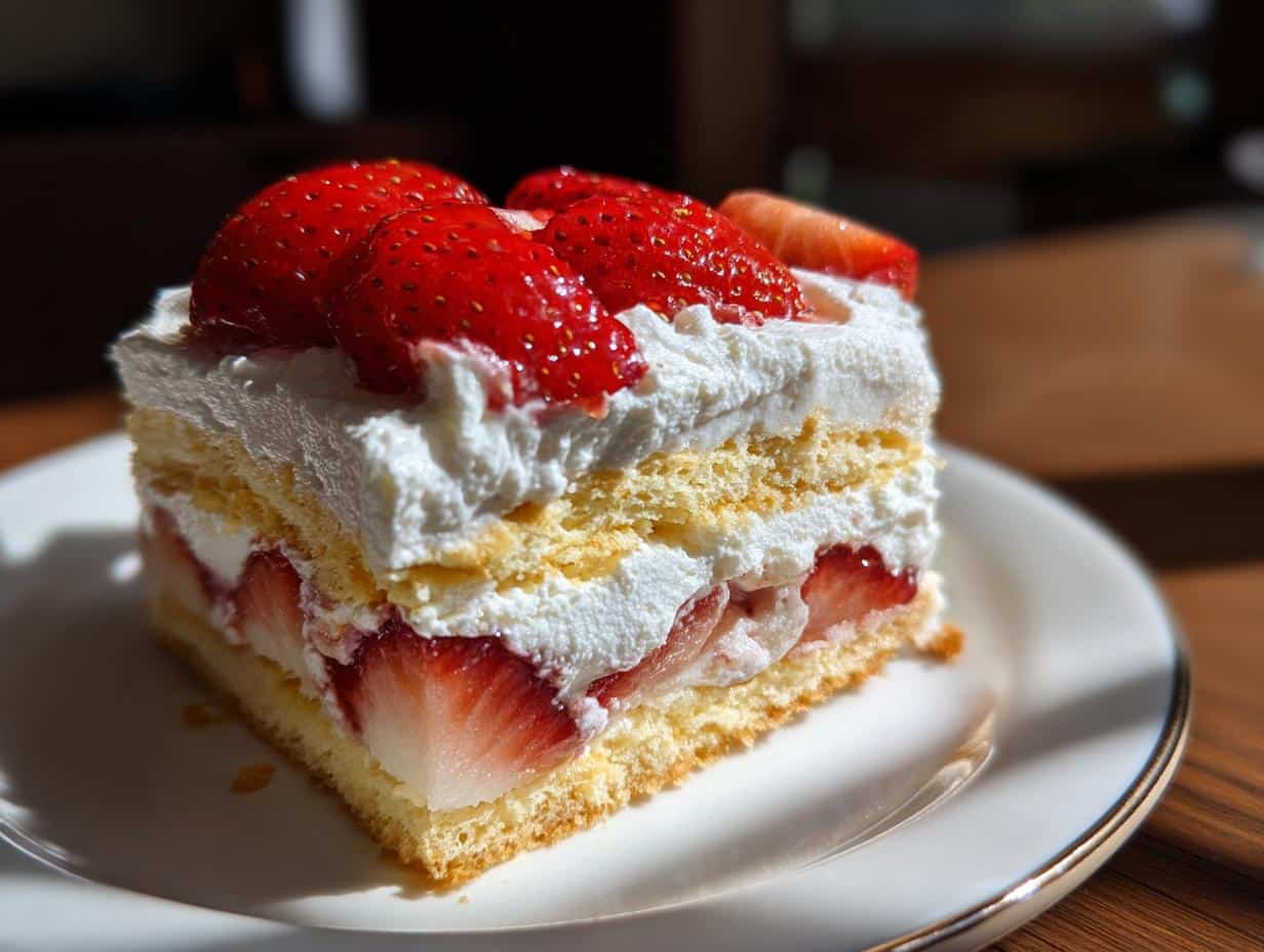 A slice of strawberry shortcake aesthetic dessert with layers of cake, cream, and fresh strawberries.