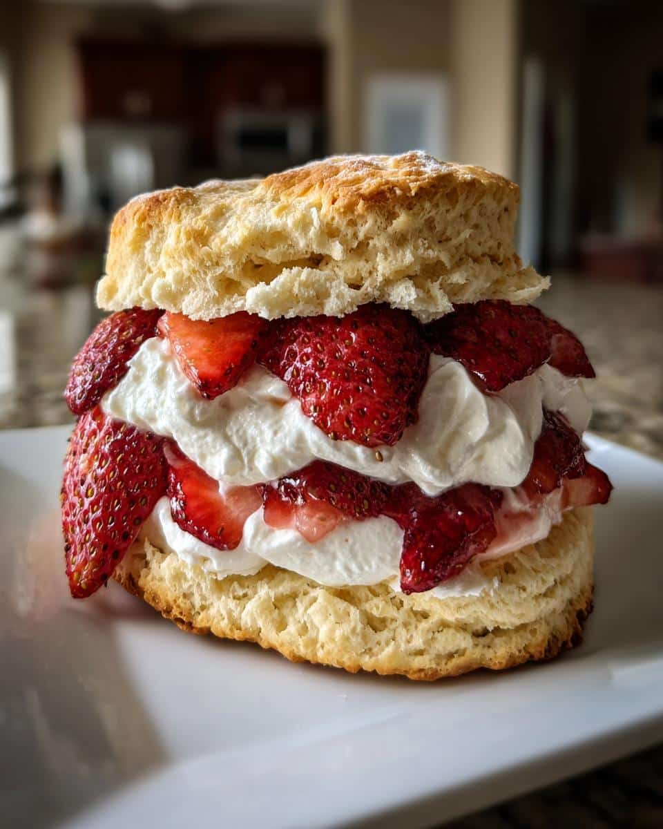 A delicious homemade strawberry shortcake with fresh strawberries and whipped cream, ready to eat.