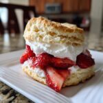 A homemade strawberry shortcake on a white plate, featuring fresh strawberries, whipped cream, and a biscuit.