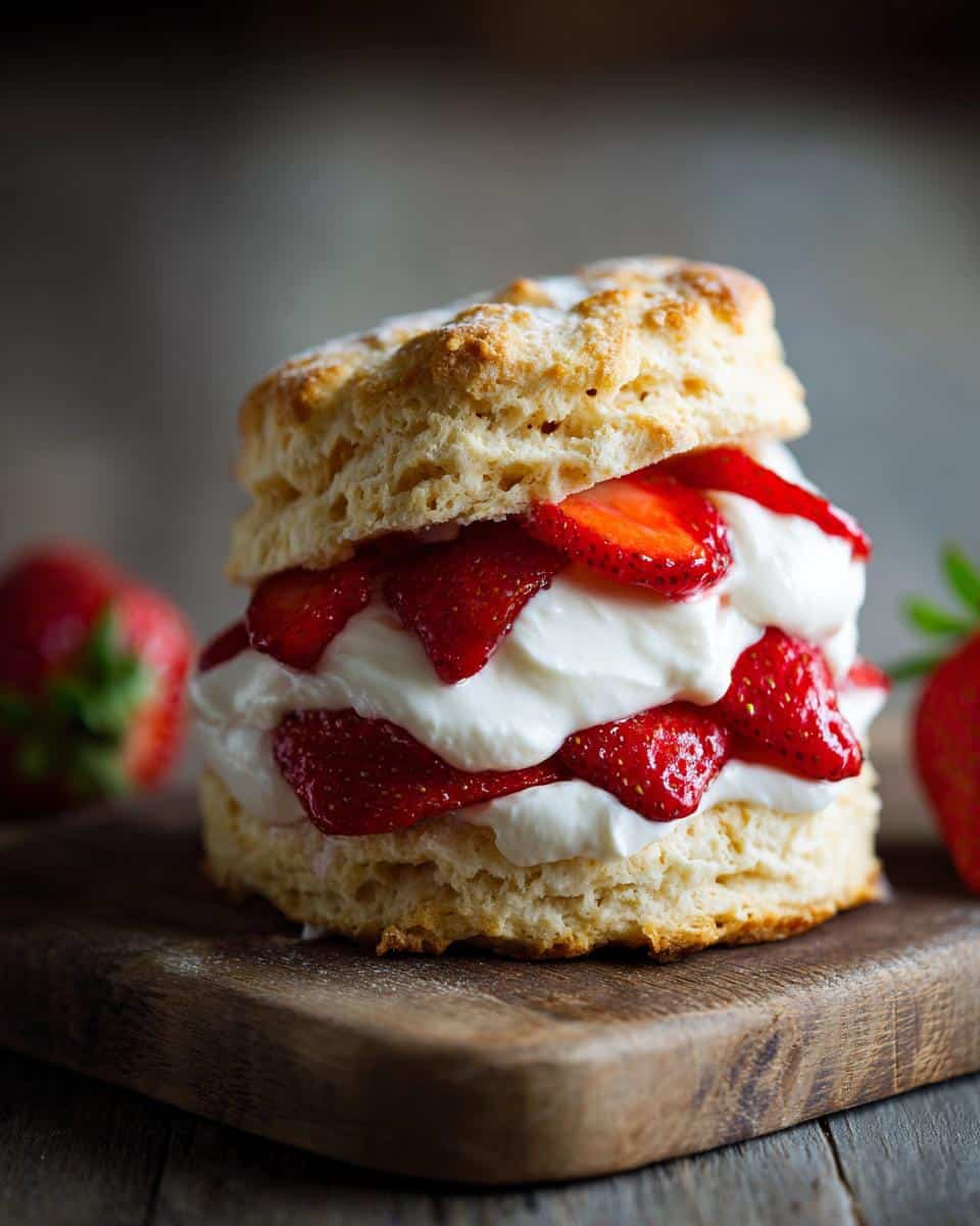 A delicious homemade strawberry shortcake featuring a biscuit, fresh strawberries, and whipped cream.