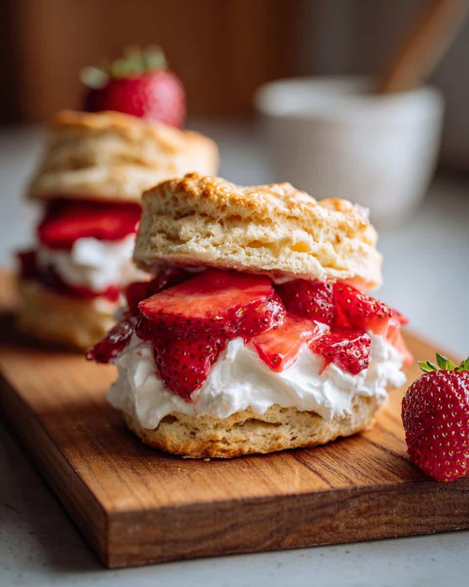 Two strawberry shortcake biscuits with whipped cream and fresh strawberries on a wooden board.