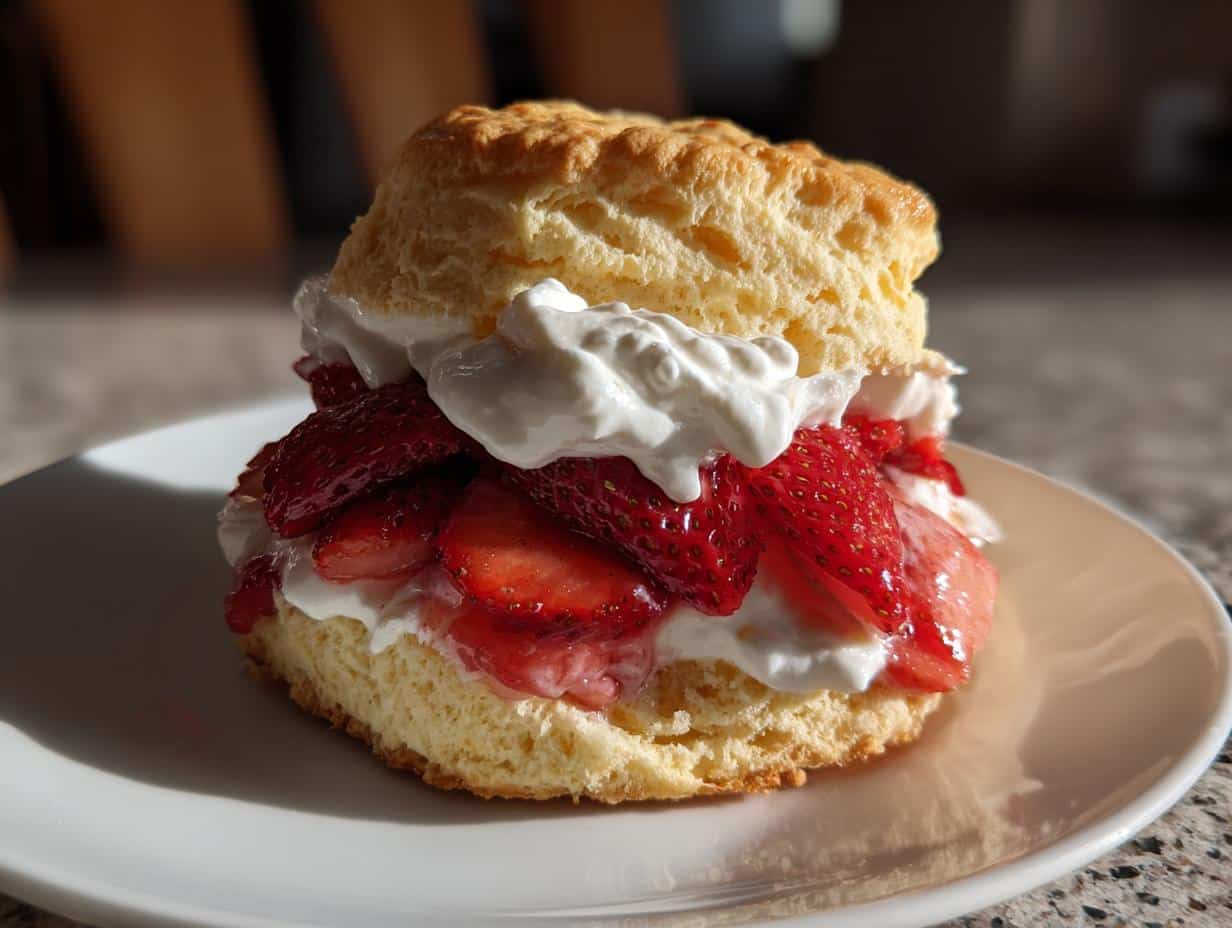 A delicious strawberry shortcake on a white plate, filled with fresh strawberries and whipped cream.