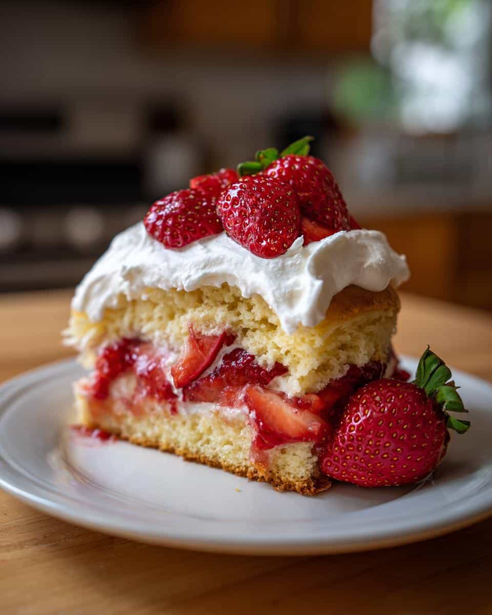 A delicious slice of strawberry shortcake topped with fresh strawberries and whipped cream on a white plate.