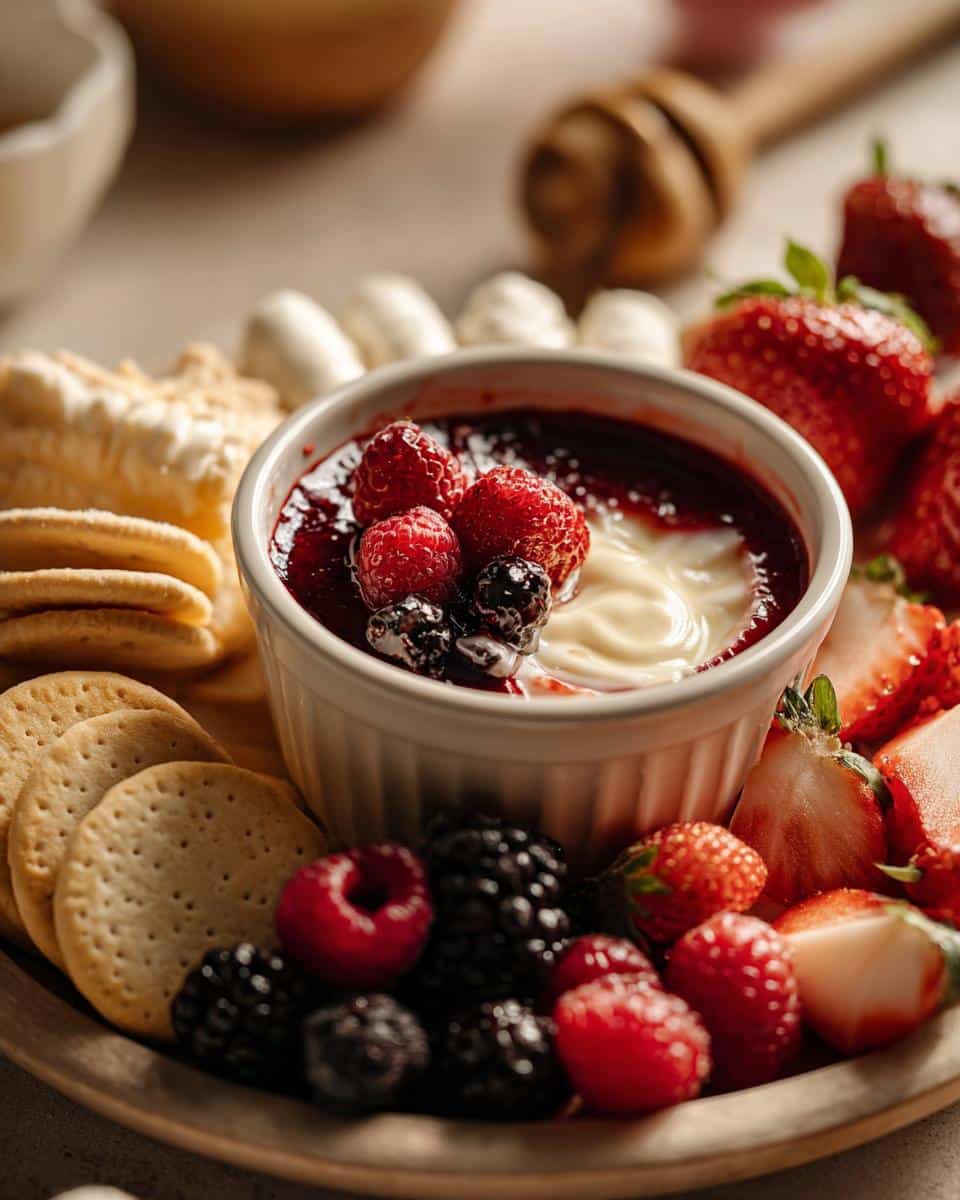 A delicious sweet dip for parties, featuring a creamy dip topped with berry jam and fresh berries, served with crackers and strawberries.