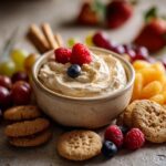 A bowl of sweet dip for parties, garnished with raspberries and a blueberry, surrounded by cookies and fruit.
