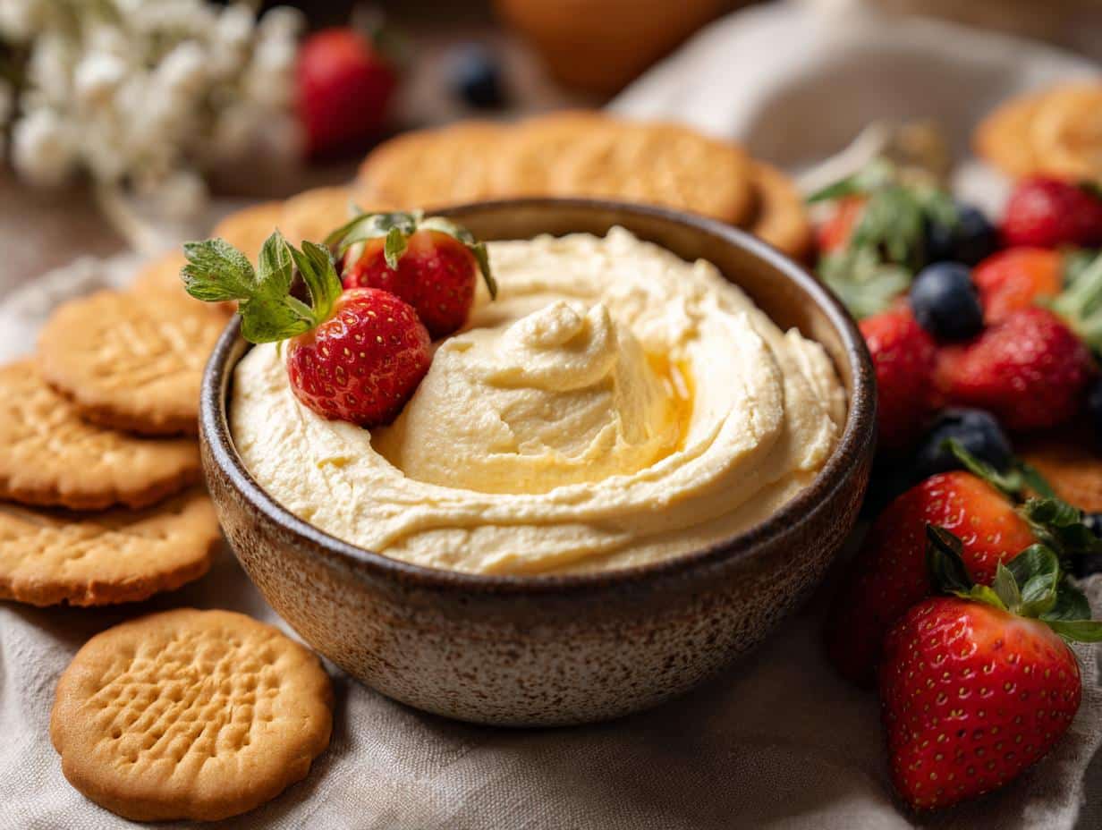 Bowl of sweet dip for parties, garnished with strawberries, served with cookies and fresh berries.