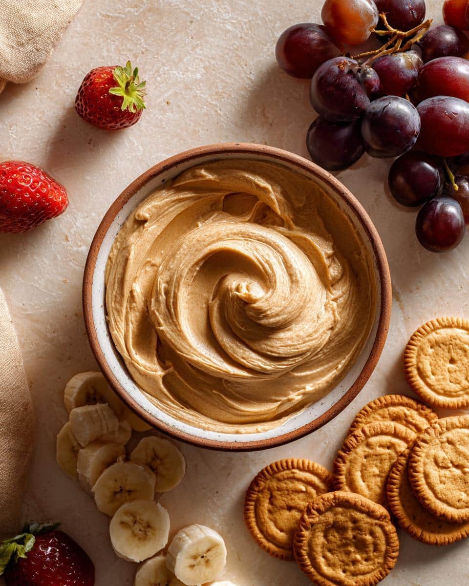 Overhead shot of sweet dips for parties in a bowl, surrounded by strawberries, grapes, bananas, and cookies.