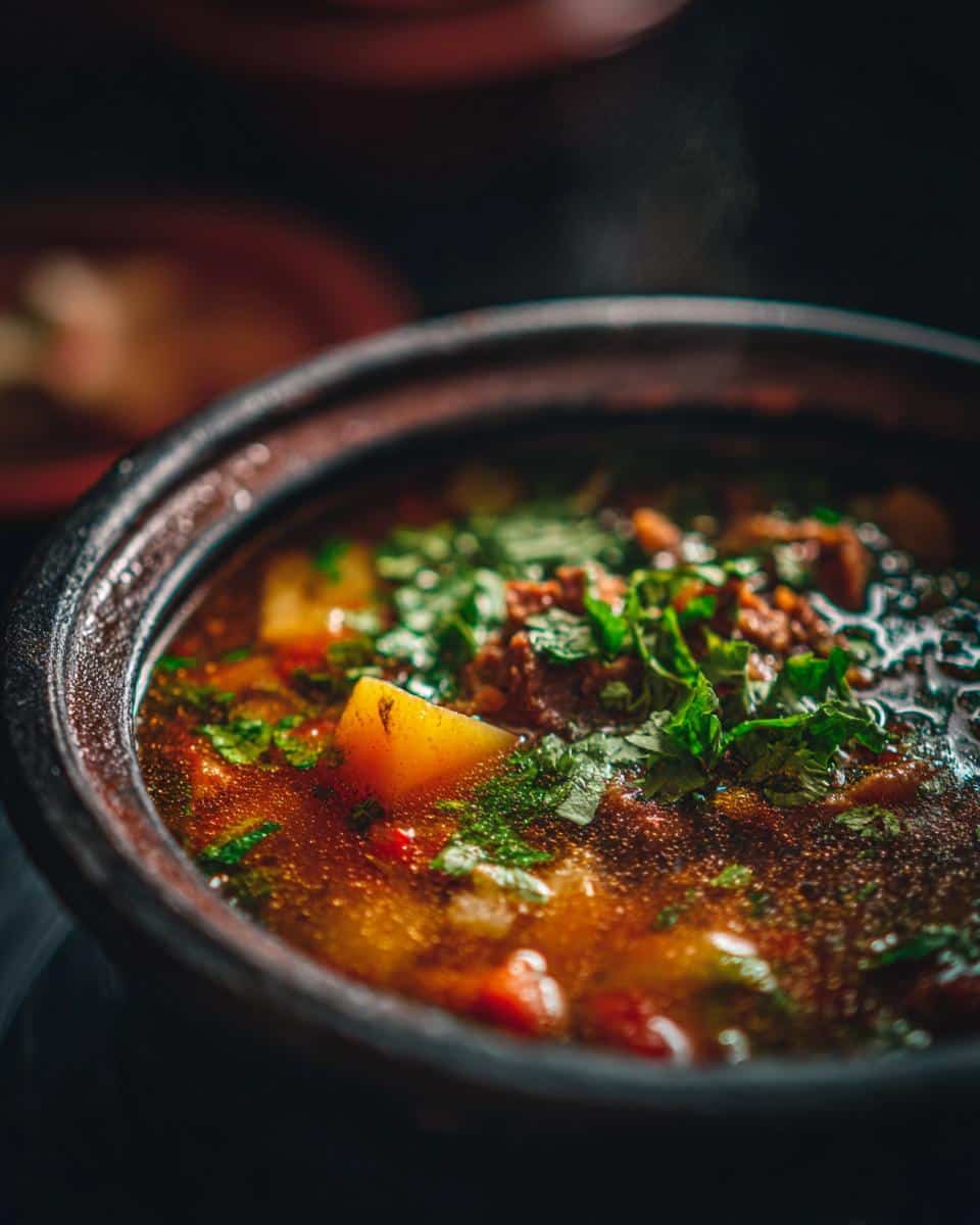 Close-up of Texas hearty soup in a dark bowl, garnished with fresh herbs and visible potato chunks.