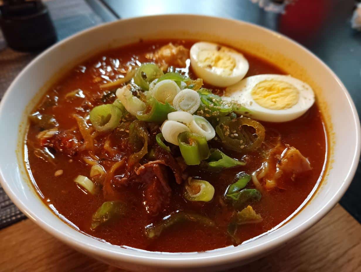 A bowl of Texas hearty soup, garnished with green onions, jalapeños, and sliced hard-boiled eggs.