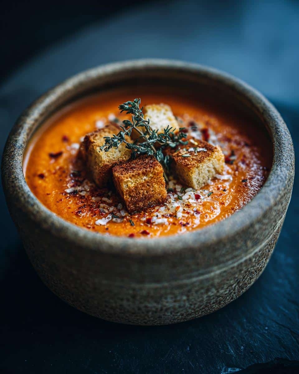 A bowl of hearty soup topped with croutons, herbs, and spices, ready to be enjoyed.
