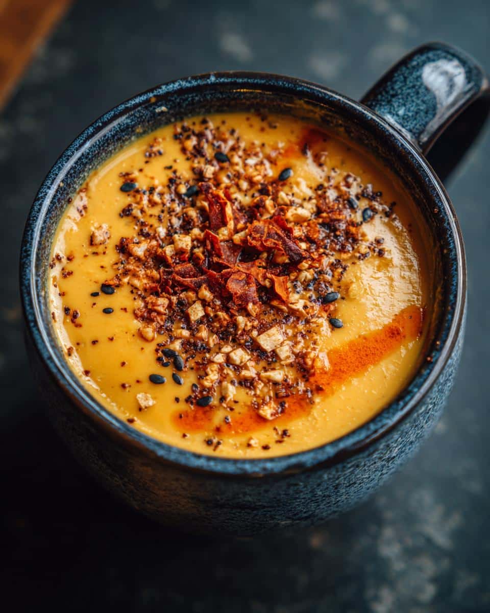 Overhead view of Texas hearty soup in a blue mug, topped with spices and bacon bits.