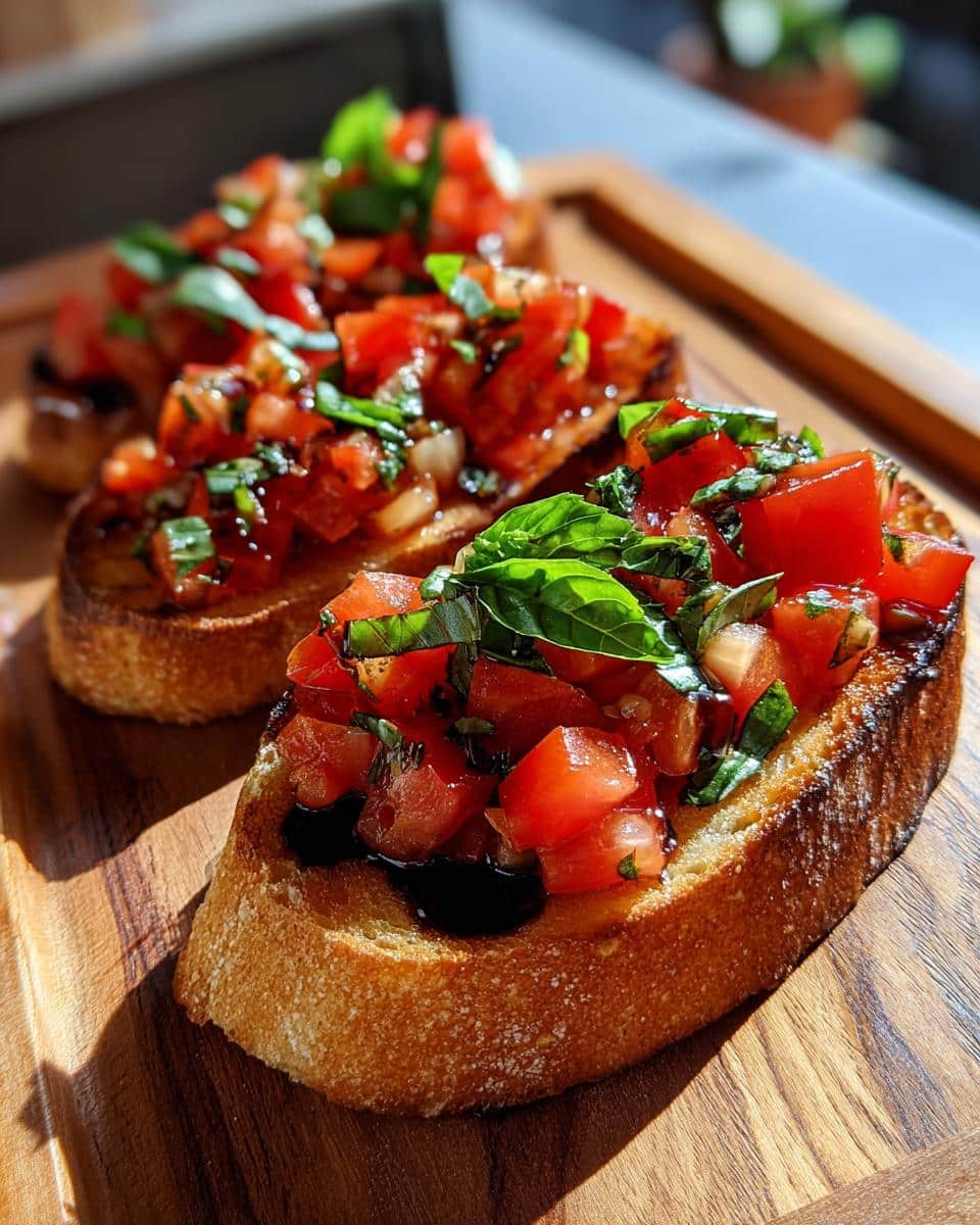 Close-up of bruschetta appetizers with fresh tomatoes, basil, and balsamic glaze on toasted bread.
