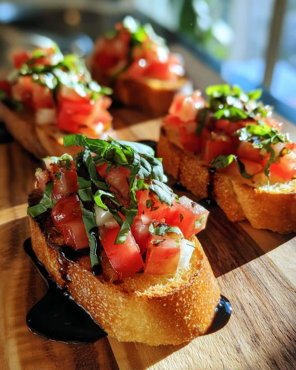 Close-up of tomato basil bruschetta appetizers on a wooden board, drizzled with balsamic glaze.