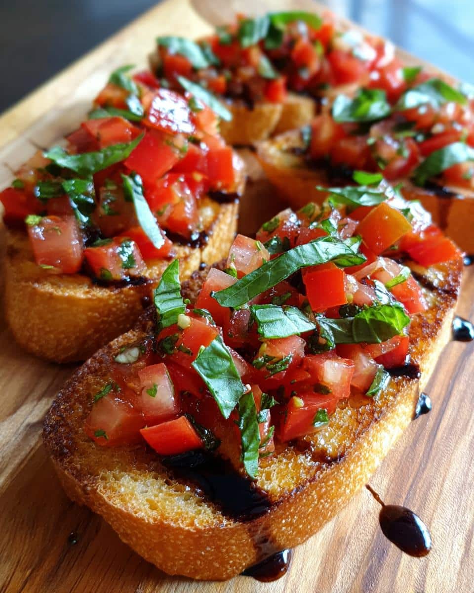 Close-up of bruschetta appetizers with fresh tomatoes, basil, and balsamic glaze on toasted bread.
