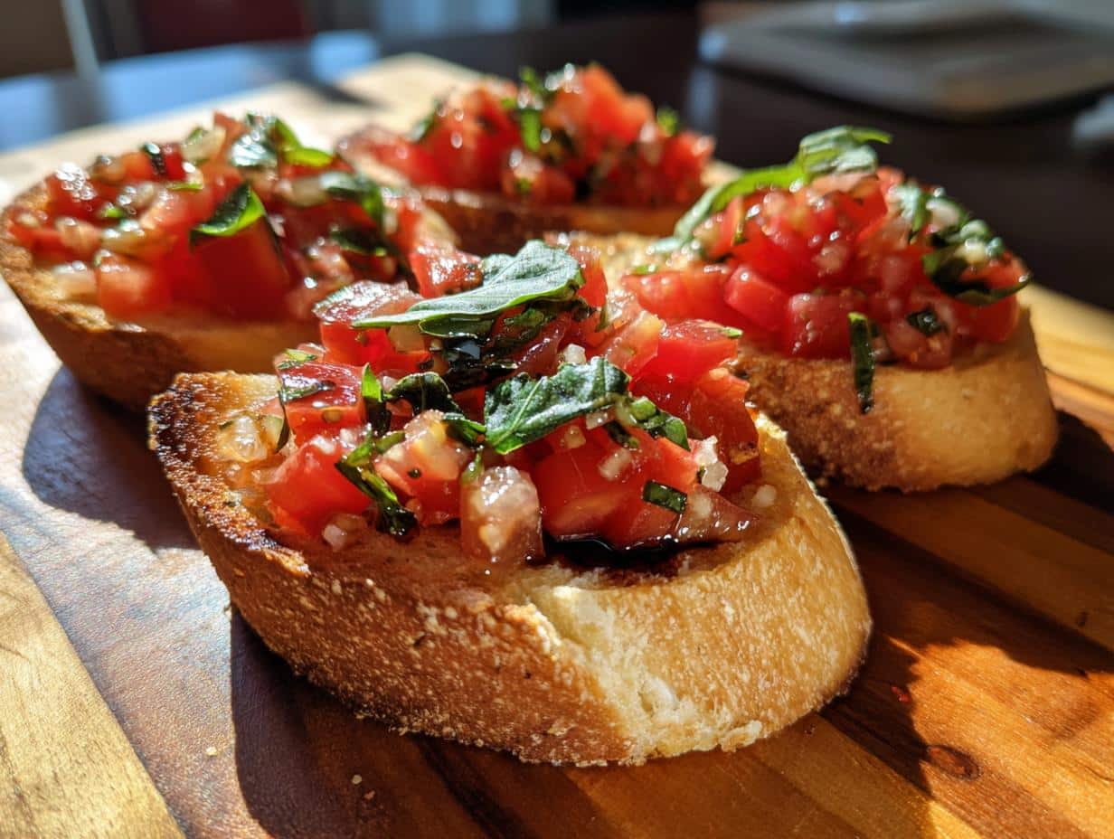 Close-up of bruschetta appetizers topped with fresh tomatoes, basil, and balsamic glaze on toasted bread.