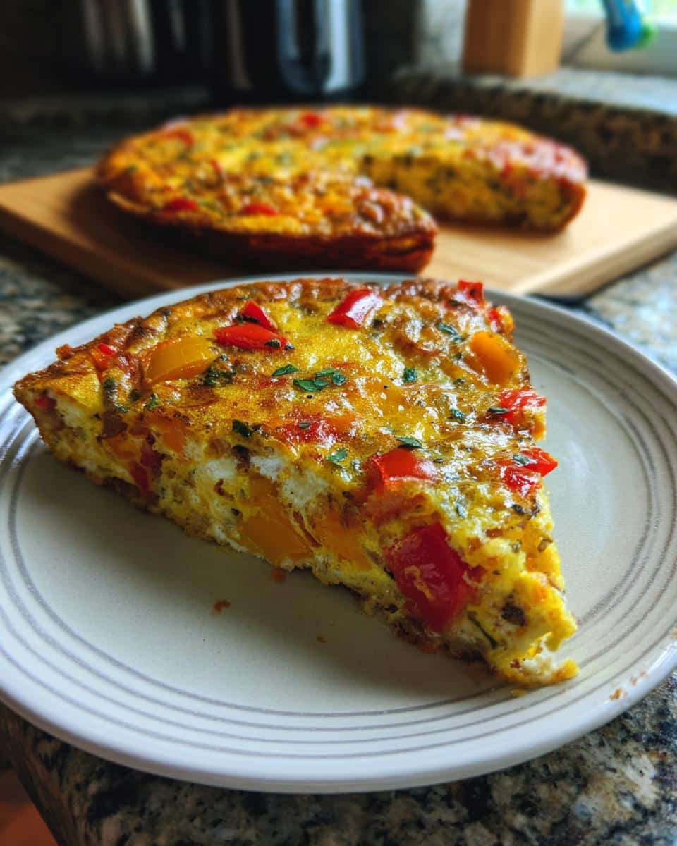 A slice of vegetable fritata recipe on a plate, showcasing colorful peppers and herbs.