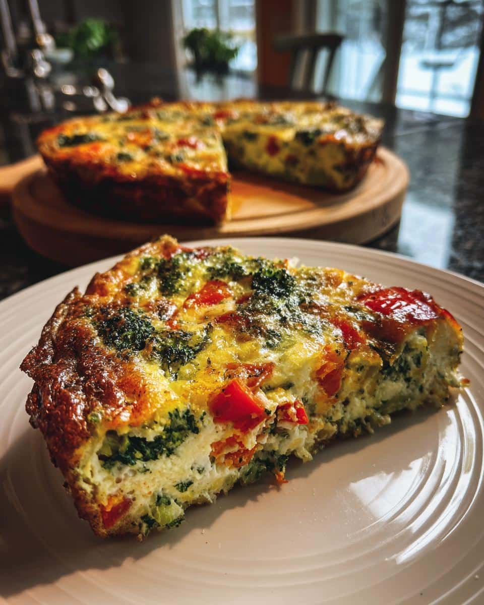 A slice of vegetable fritata recipe on a plate, featuring broccoli and red peppers. The whole fritata is blurred in the background.