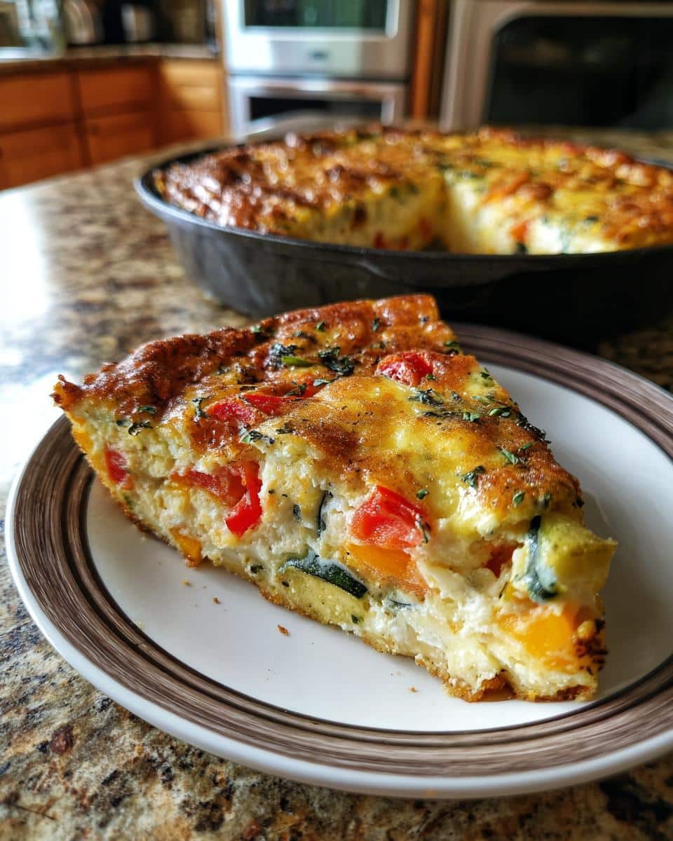 A slice of vegetable fritata recipe on a plate, with the rest of the fritata in the background.