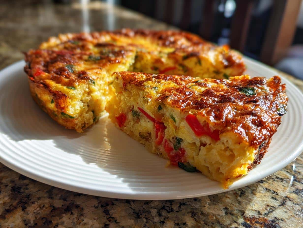 A slice of homemade fritata recipe with vegetables on a white plate, ready to eat.