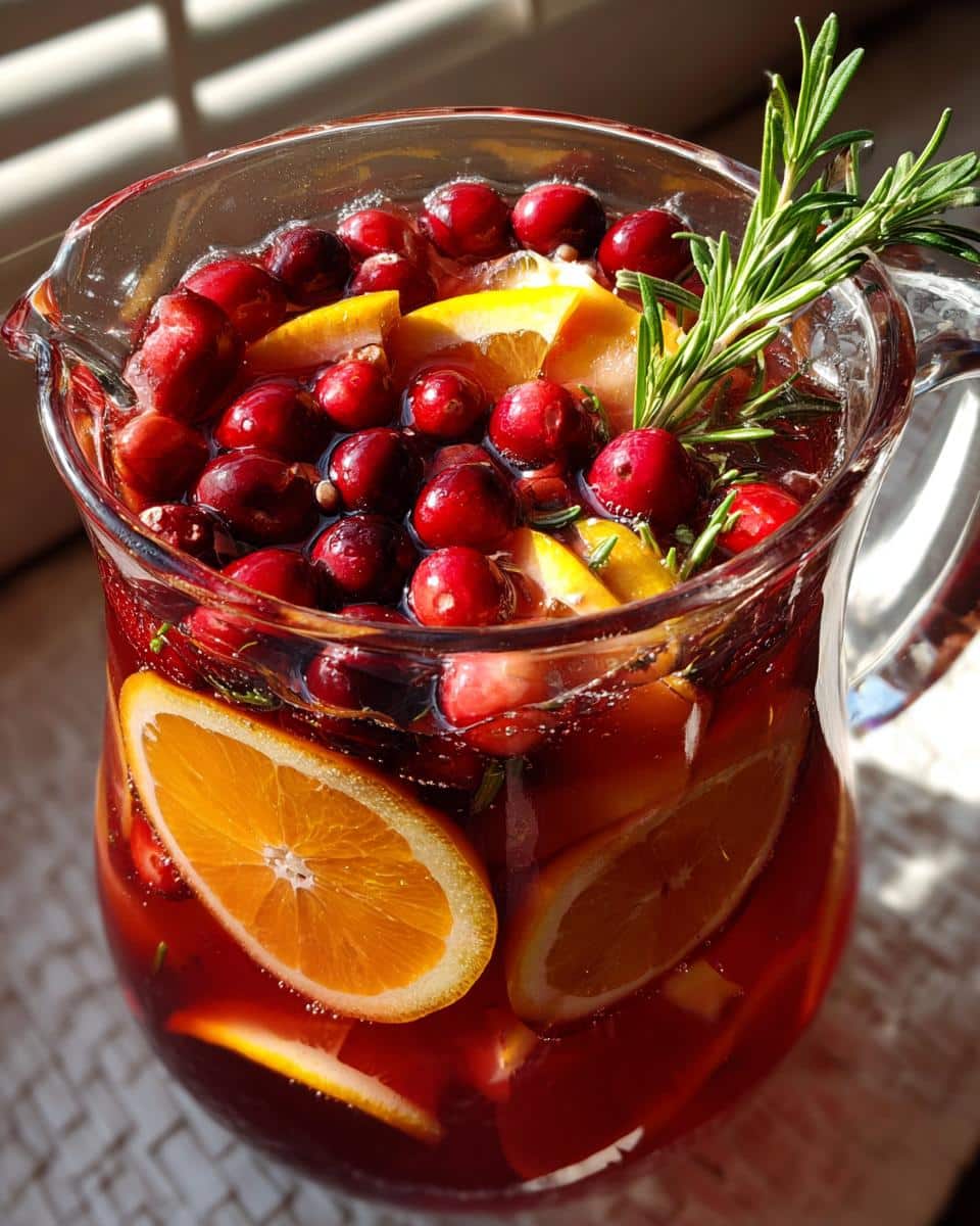 Pitcher of winter mocktail non alcoholic drink with cranberries, orange slices, and rosemary garnish.