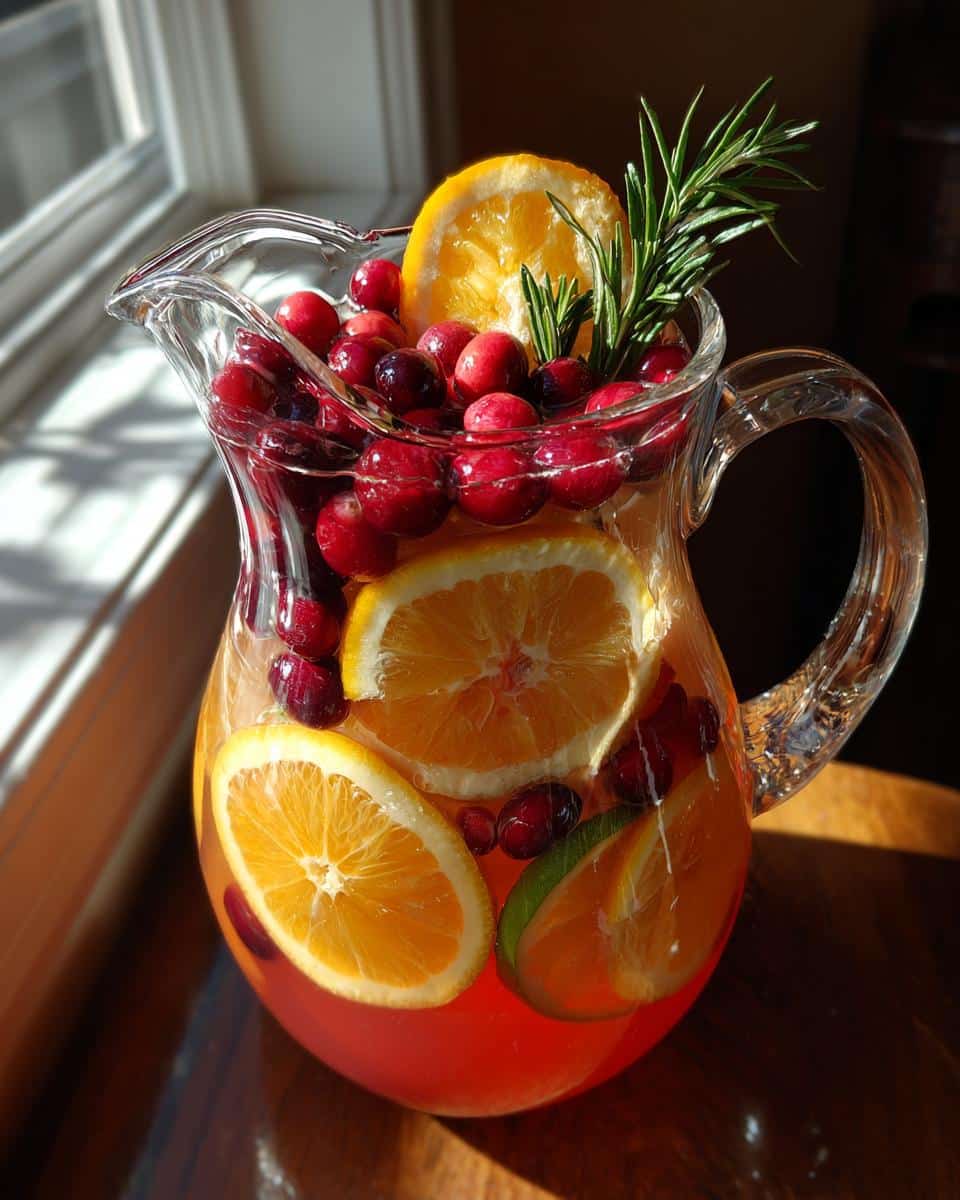 Pitcher of winter mocktail non alcoholic with cranberries, orange slices, and rosemary sprig.
