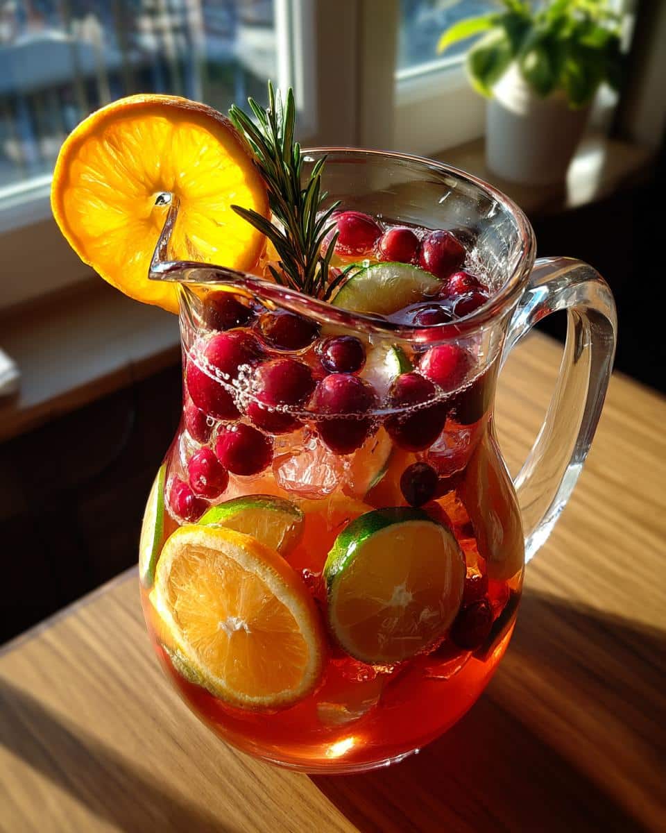 A pitcher of winter mocktail non alcoholic with cranberries, orange slices, lime, and rosemary.