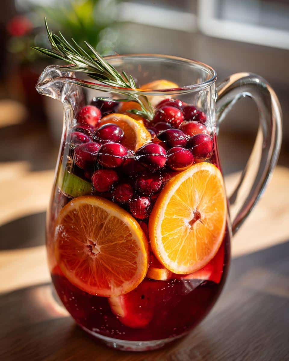 Pitcher of winter mocktails non alcoholic with cranberries, orange slices, and rosemary sprig.