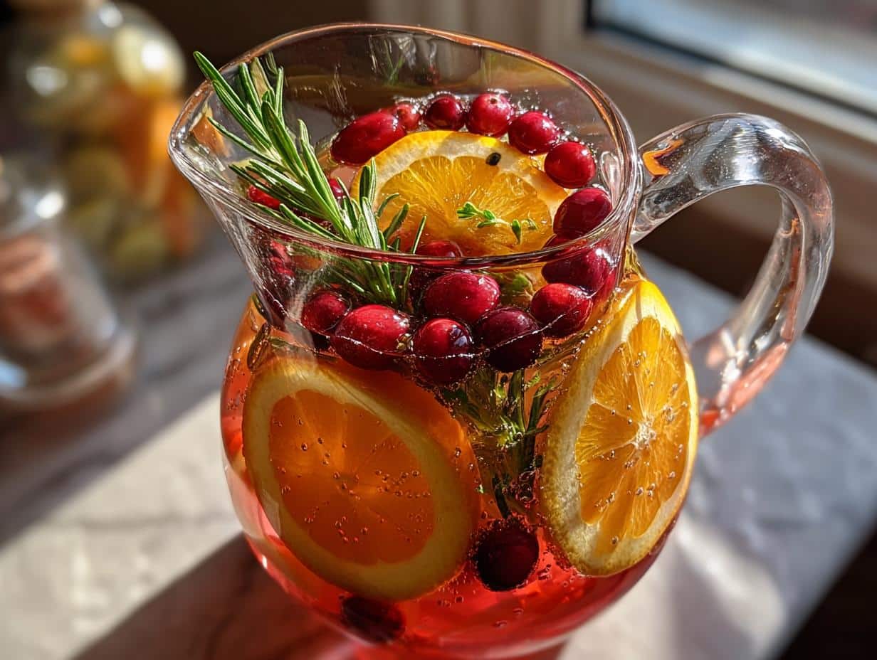 Pitcher of winter mocktails non alcoholic with cranberries, orange slices, and rosemary sprigs.