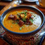 A bowl of winter soup recipe, topped with roasted cauliflower and fresh herbs, sitting on a decorative coaster.