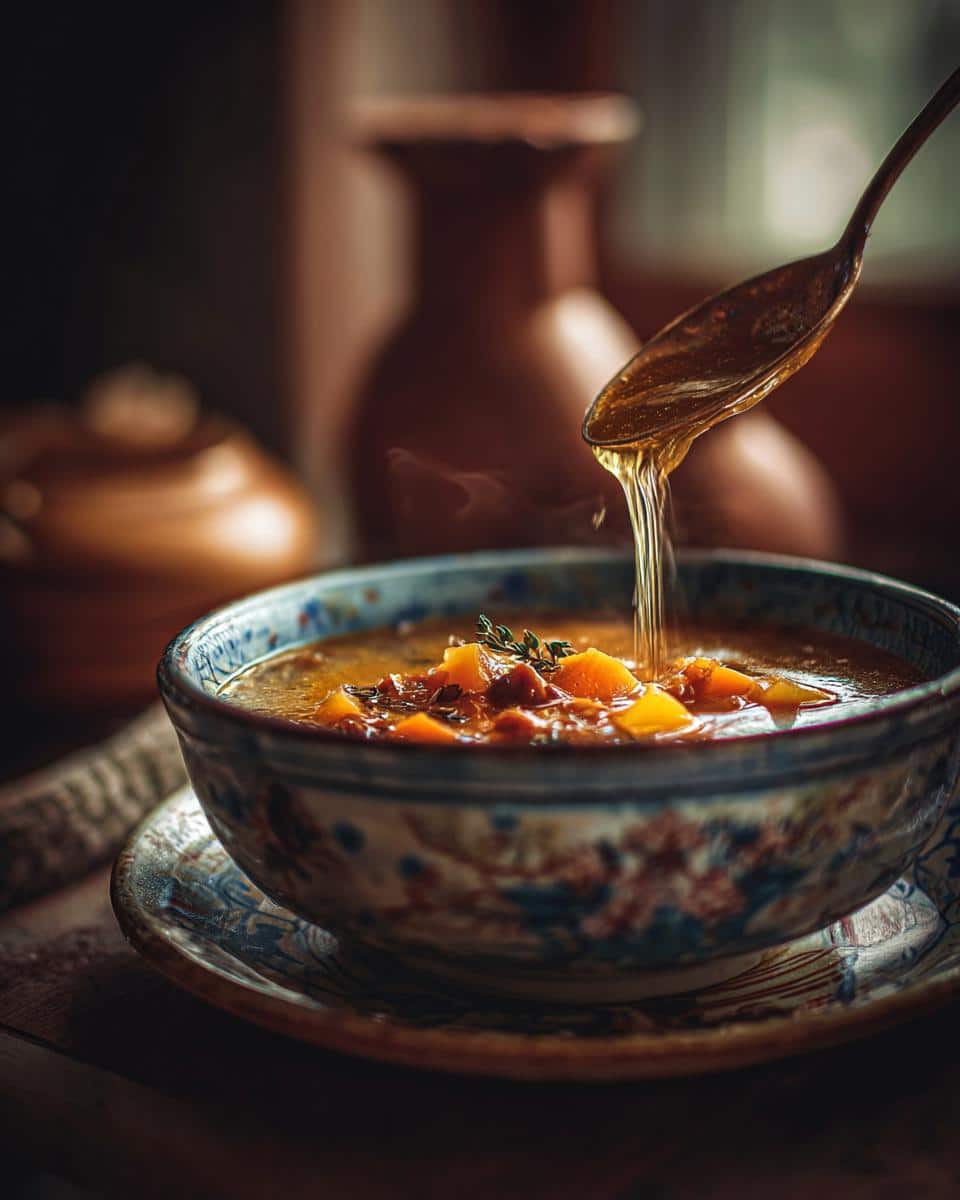 A bowl of winter soup recipes with a spoon pouring liquid into it, garnished with herbs.