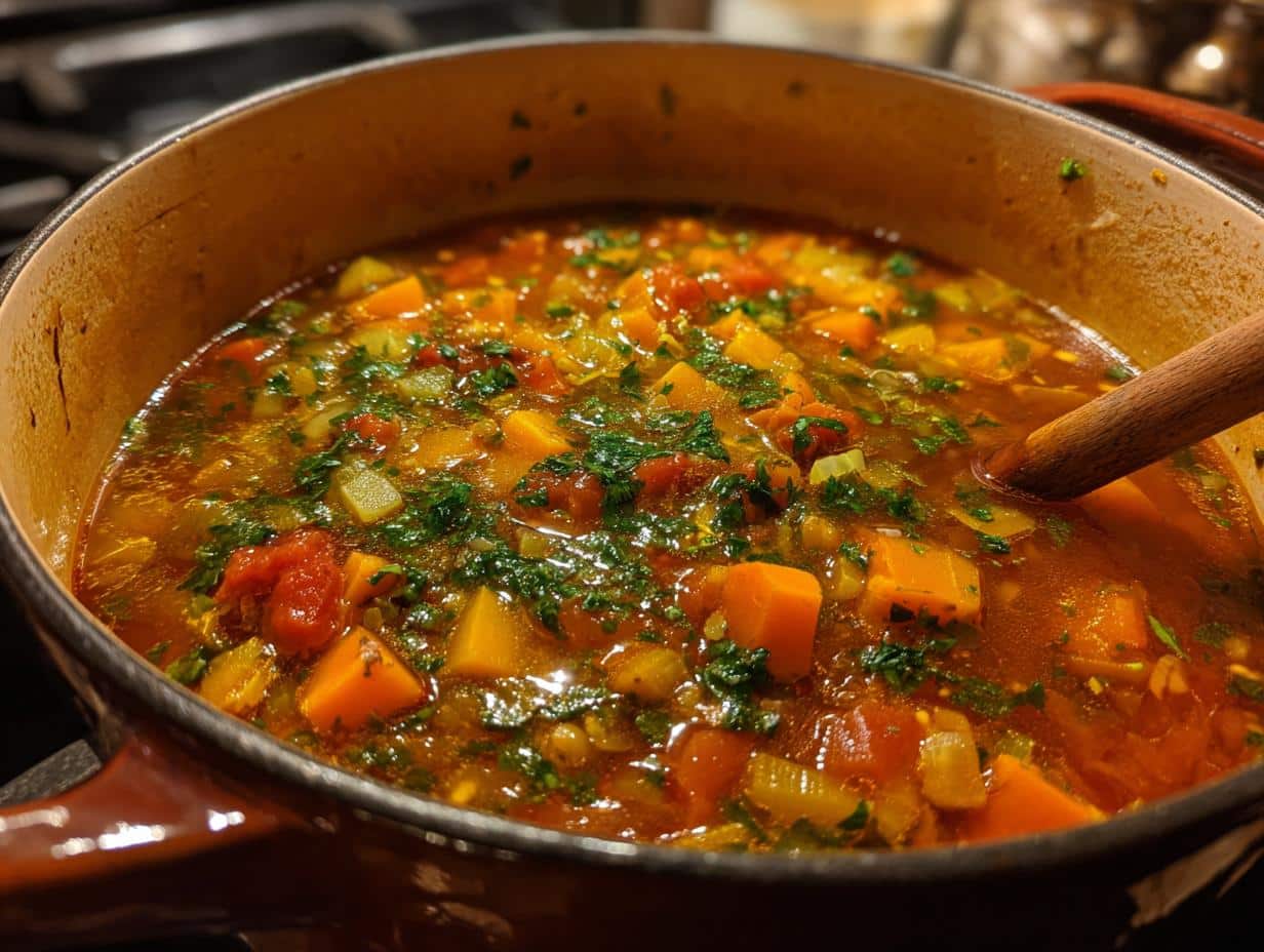 A pot of hearty winter soup recipes, filled with colorful vegetables and fresh herbs.