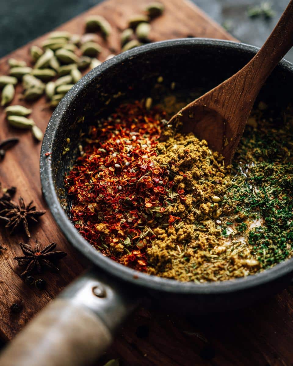 Close-up of various spices in a pot, including chili flakes, herbs, and curry powder, for winter soup recipes.