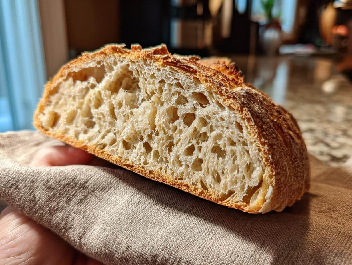Close-up of a slice of sourdough bread made with active sourdough starter recipes, showing the airy crumb structure.