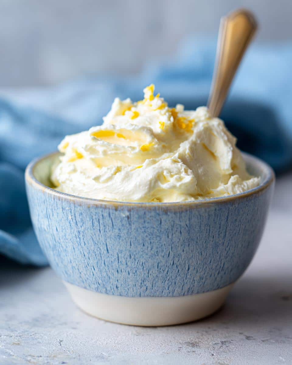 Close-up of creamy aioli recipe aioli sauce in a blue bowl, garnished with lemon zest and a spoon.